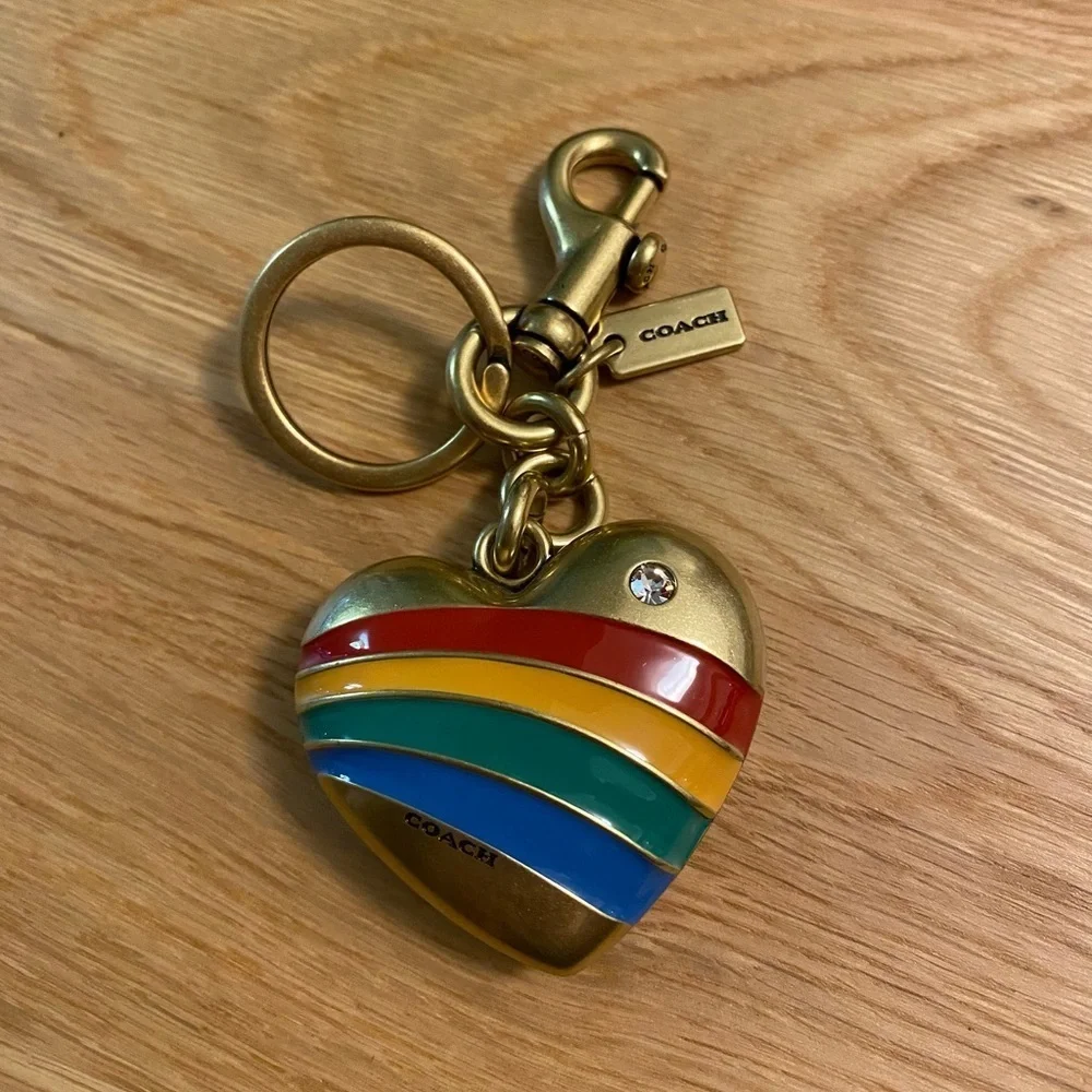 *NWOT* Coach XL Gold Heart Keychain with Rhinestone & Enamel Multicolor Stripes